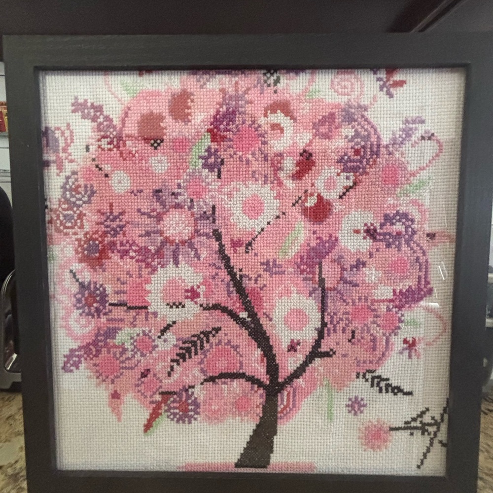 Pink Floral Tree Cross-Stitch Art